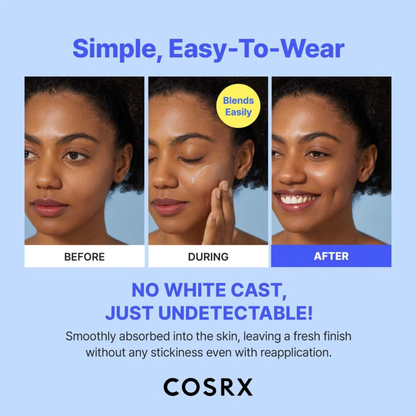 COSRX Ultra-Light Invisible Sunscreen SPF50+ PA++++ demonstration showing 'Before', 'During', and 'After' application with no white cast on a woman's face.