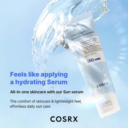 COSRX Ultra-Light Invisible Sunscreen SPF50+ PA++++ with water splash on a light blue background