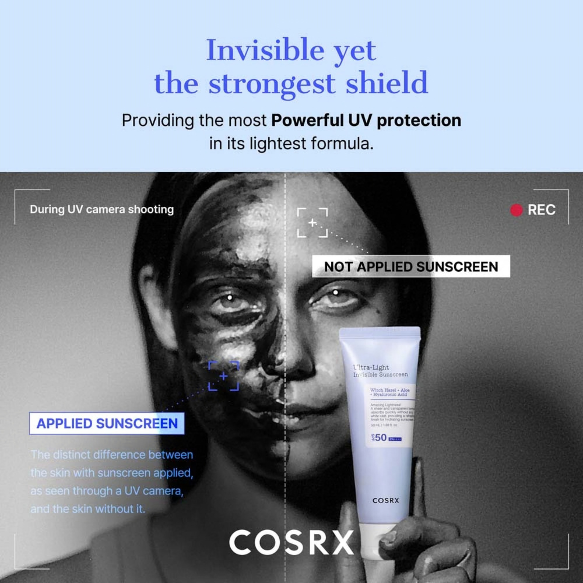 COSRX Ultra-Light Invisible Sunscreen SPF50+ PA++++ with a split-screen showing UV camera before and after application on skin.
