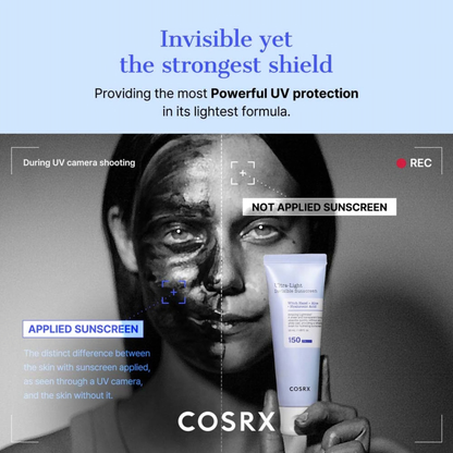 COSRX Ultra-Light Invisible Sunscreen SPF50+ PA++++ with a split-screen showing UV camera before and after application on skin.