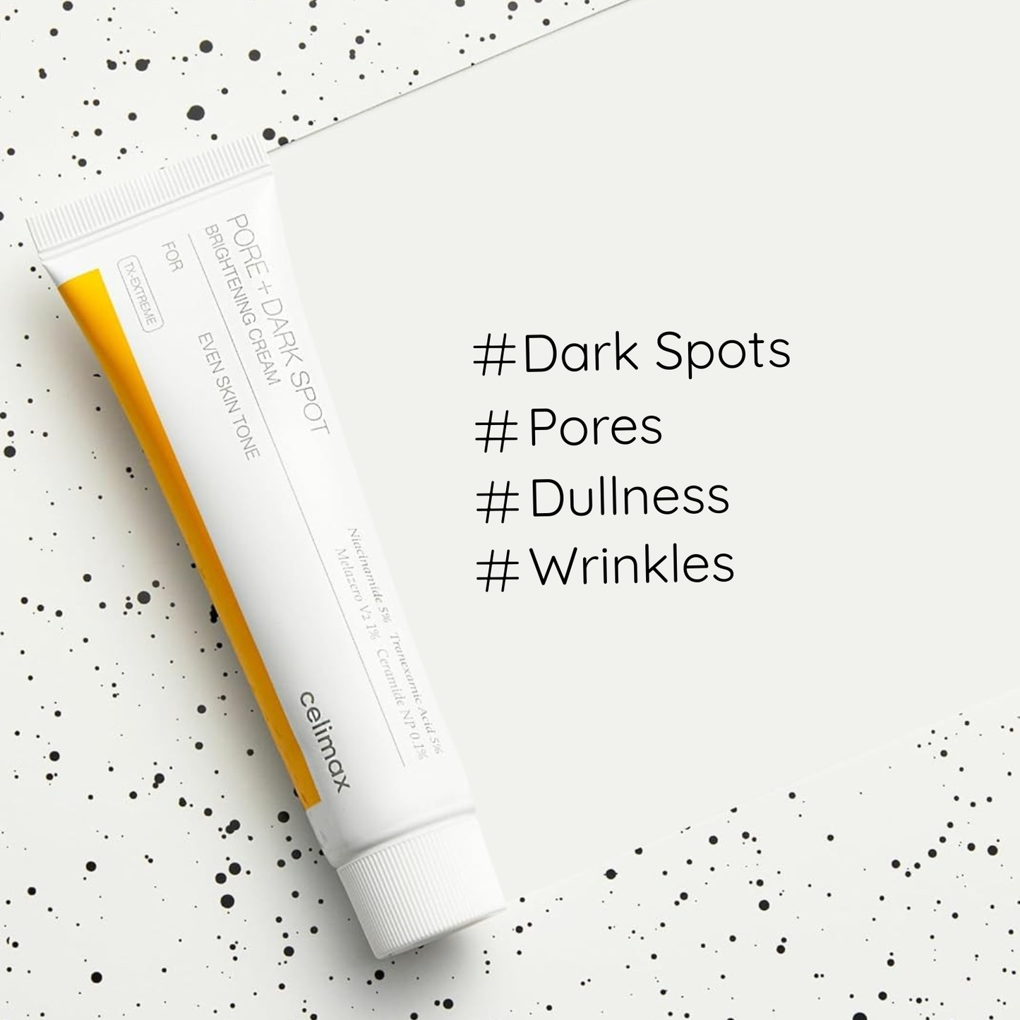 Celimax Pore+Dark Spot Brightening Cream with hashtags for dark spots, pores, dullness and wrinkles