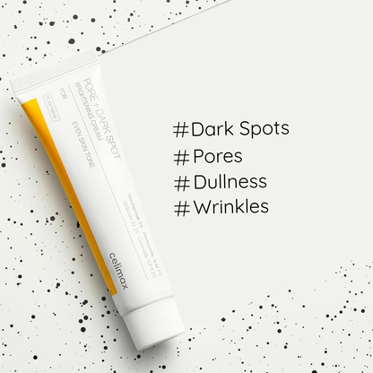 Celimax Pore+Dark Spot Brightening Cream with hashtags for dark spots, pores, dullness and wrinkles