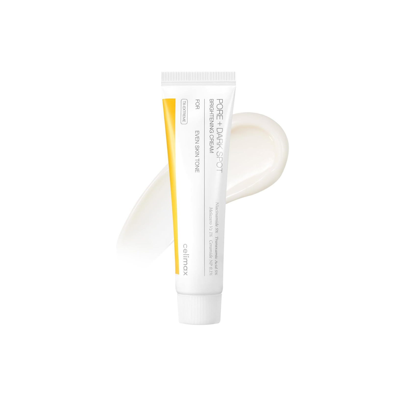 Celimax Pore+Dark Spot Brightening Cream with product smear on a white background