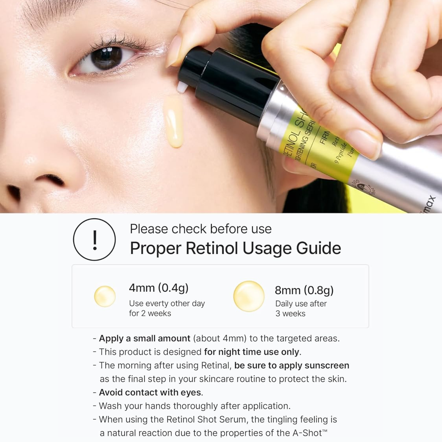 Woman applying Celimax The Vita A Retinol Shot Tightening Serum to her cheek with usage guide for proper use on a white background