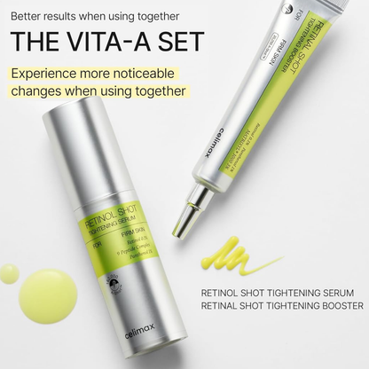 Celimax The Vita A Retinal Shot Tightening Serum and a booster, with text highlighting their benefits of using them in combination on a white background.