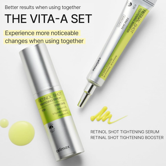 Celimax The Vita A Retinal Shot Tightening Serum and a booster, with text highlighting their benefits of using them in combination on a white background.