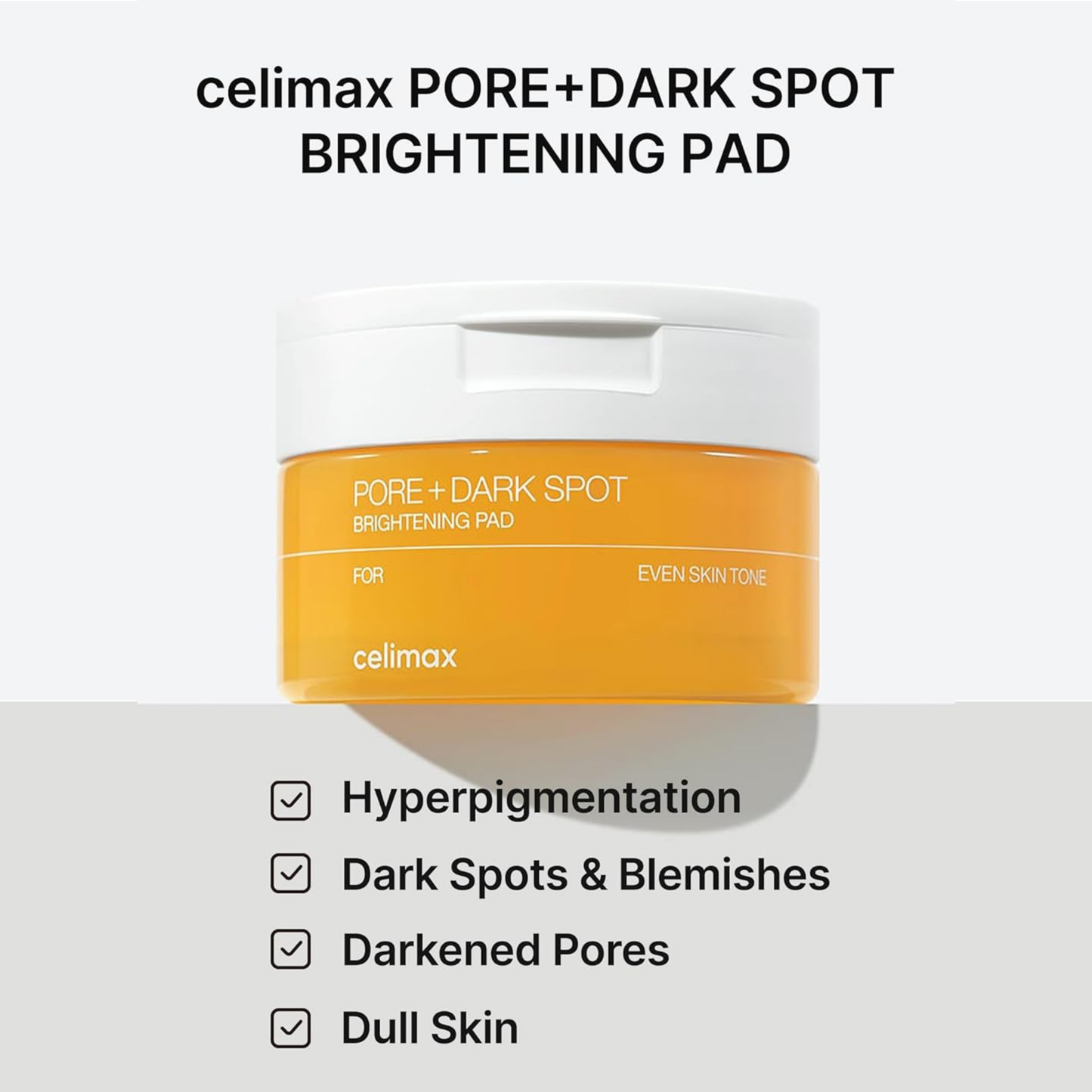 Celimax Pore+Dark Spot Brightening Pad packaging with features listed on a white background