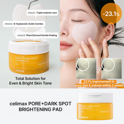 Celimax Pore+Dark Spot Brightening Pad with product container and woman using pad on face. Information on the improvement of pore size when using the product as well as text about being a total solution for even and bright skin tone.