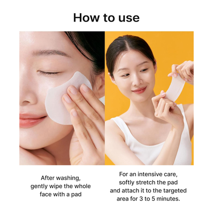 Instructions on how to use Celimax Pore+Dark Spot Brightening Pad with a split-screen showing a person applying a pad and stretching it.
