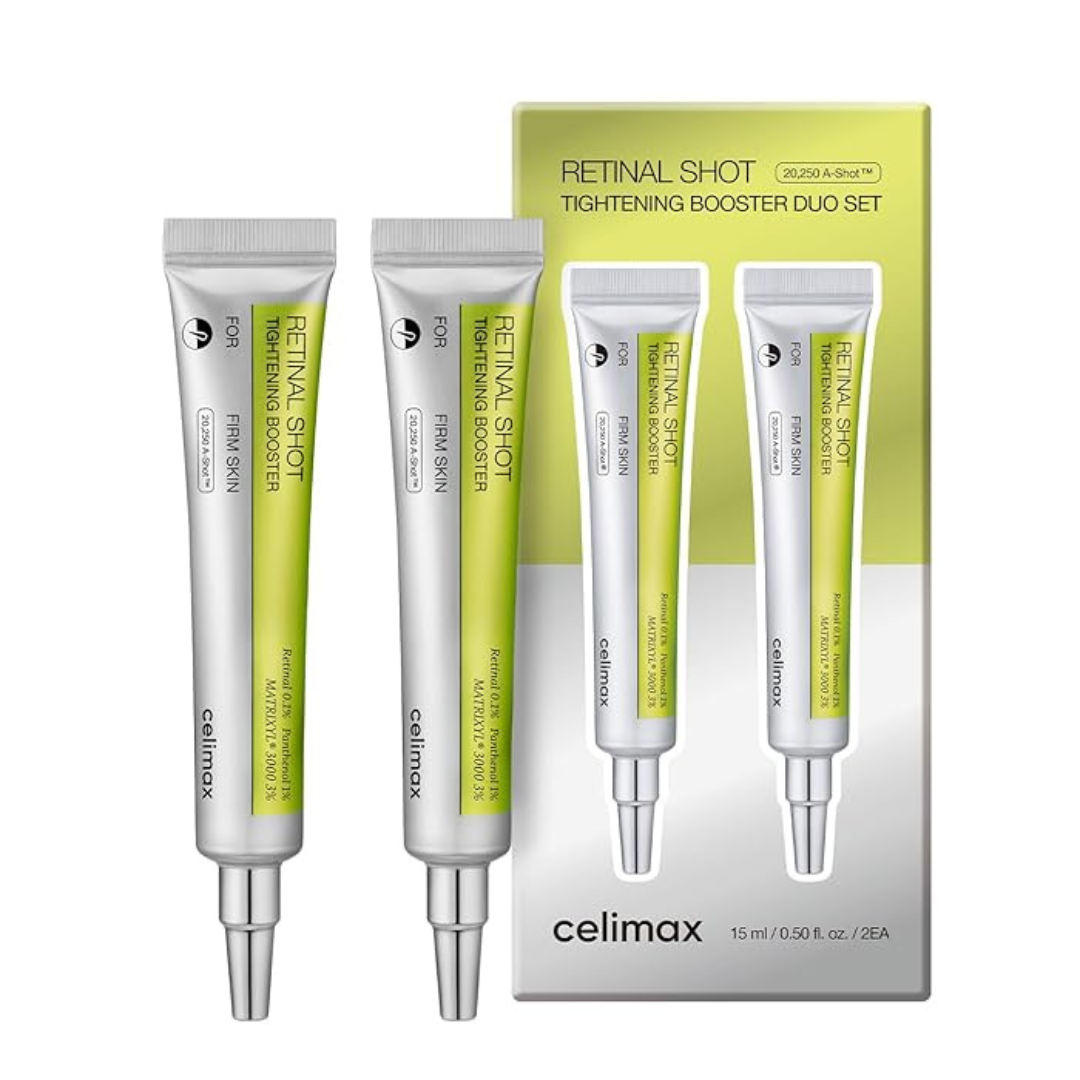 Celimax Retinal Shot Tightening Booster Duo Set with four tubes and a box on a white background