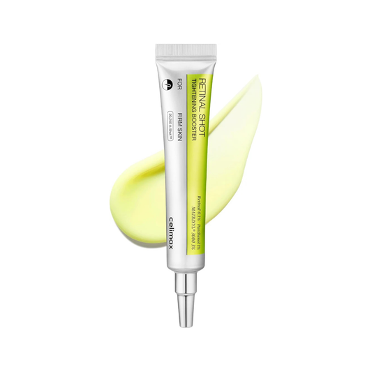 Celimax Retinal Shot Tightening Booster on a white background with yellow product smeer