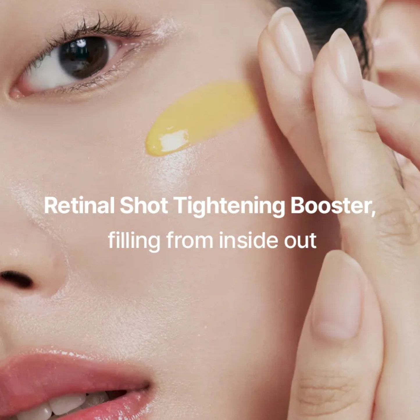 Close-up of a woman applying Celimax Retinal Shot Tightening Booster to their face with text about a 'Retinal Shot Tightening Booster filling form inside out"