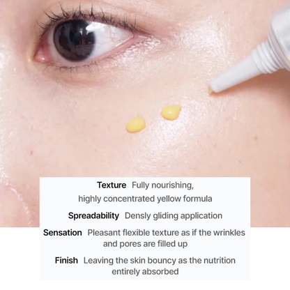 Close-up of skin with a yellow cream application of Celimax Retinal Shot Tightening Booster 