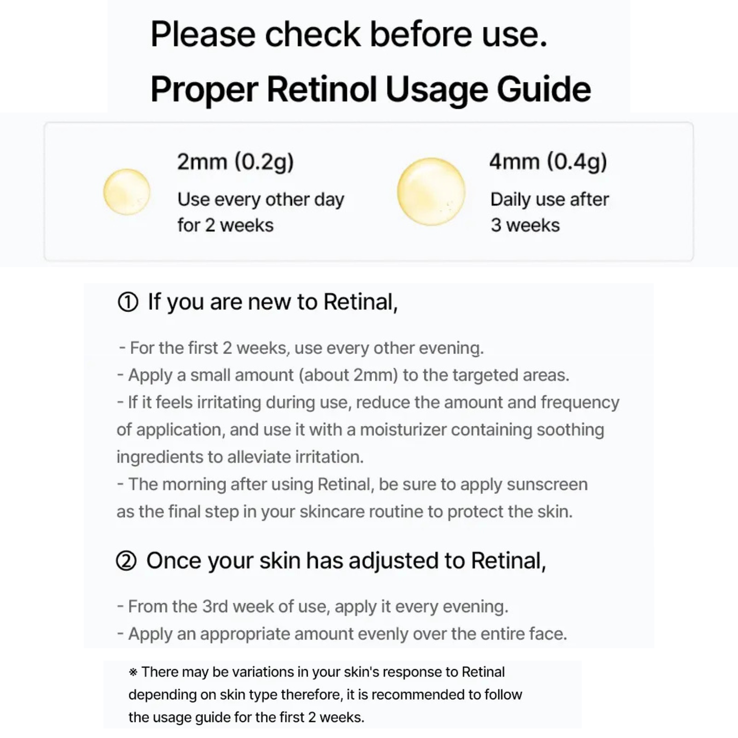 Celimax Retinal Shot Tightening Booster usage guide with application instructions and product measurements.