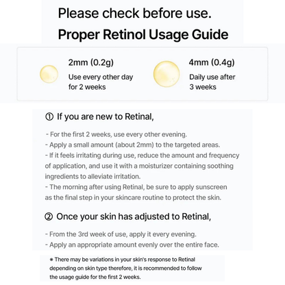 Celimax Retinal Shot Tightening Booster usage guide with application instructions and product measurements.