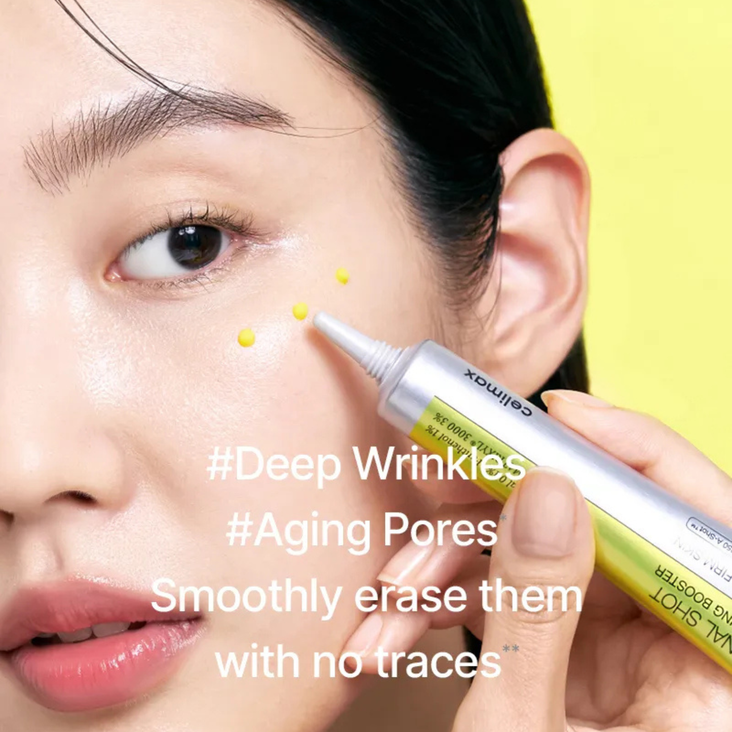 Woman applyingCelimax Retinal Shot Tightening Booster to their face with text highlighting skin concerns and solution.