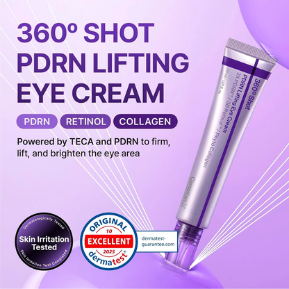 Centellian24 360º Shot PDRN Lifting Eye Cream with PDRN, Retinol and Collagen badges as well as Skin irritation tested and Dermatest Excellent seal.