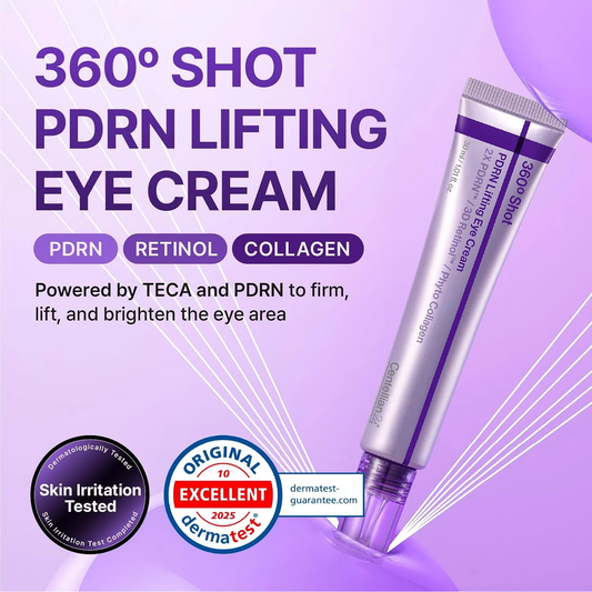 Centellian24 360º Shot PDRN Lifting Eye Cream with PDRN, Retinol and Collagen badges as well as Skin irritation tested and Dermatest Excellent seal.