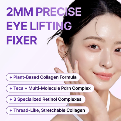 Woman beside key features of the Centellian24 360º Shot PDRN Lifting Eye Cream including plant-based collagen, Teca, Multi Molecule PDRN Complex and triple retinol complexes.