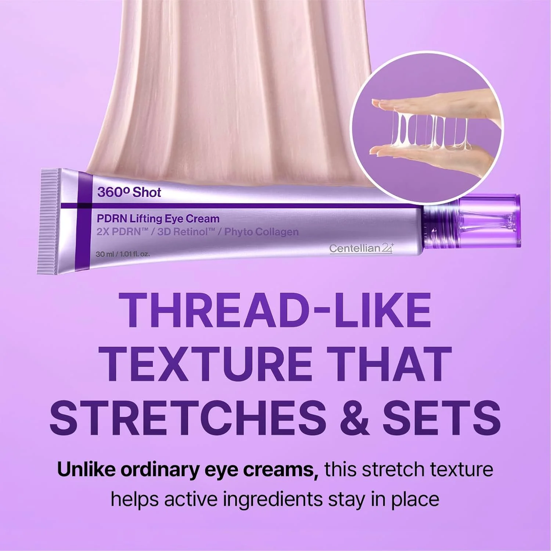 Centellian24 360º Shot PDRN Lifting Eye Cream with text on the thread-like texture that stretches and sets to stay in place where it is applied.