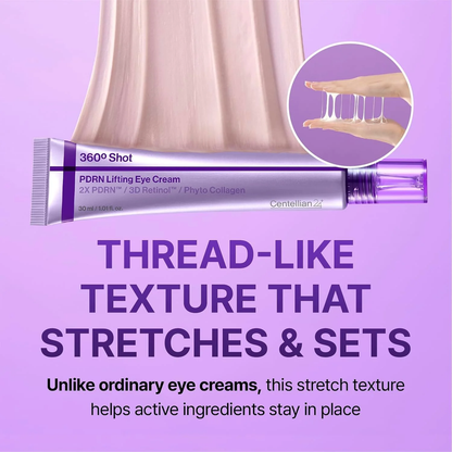 Centellian24 360º Shot PDRN Lifting Eye Cream with text on the thread-like texture that stretches and sets to stay in place where it is applied.