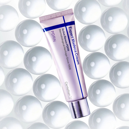 Centellian24 Expert Madeca Cream Active Renew PDRN tube on a background of white spheres