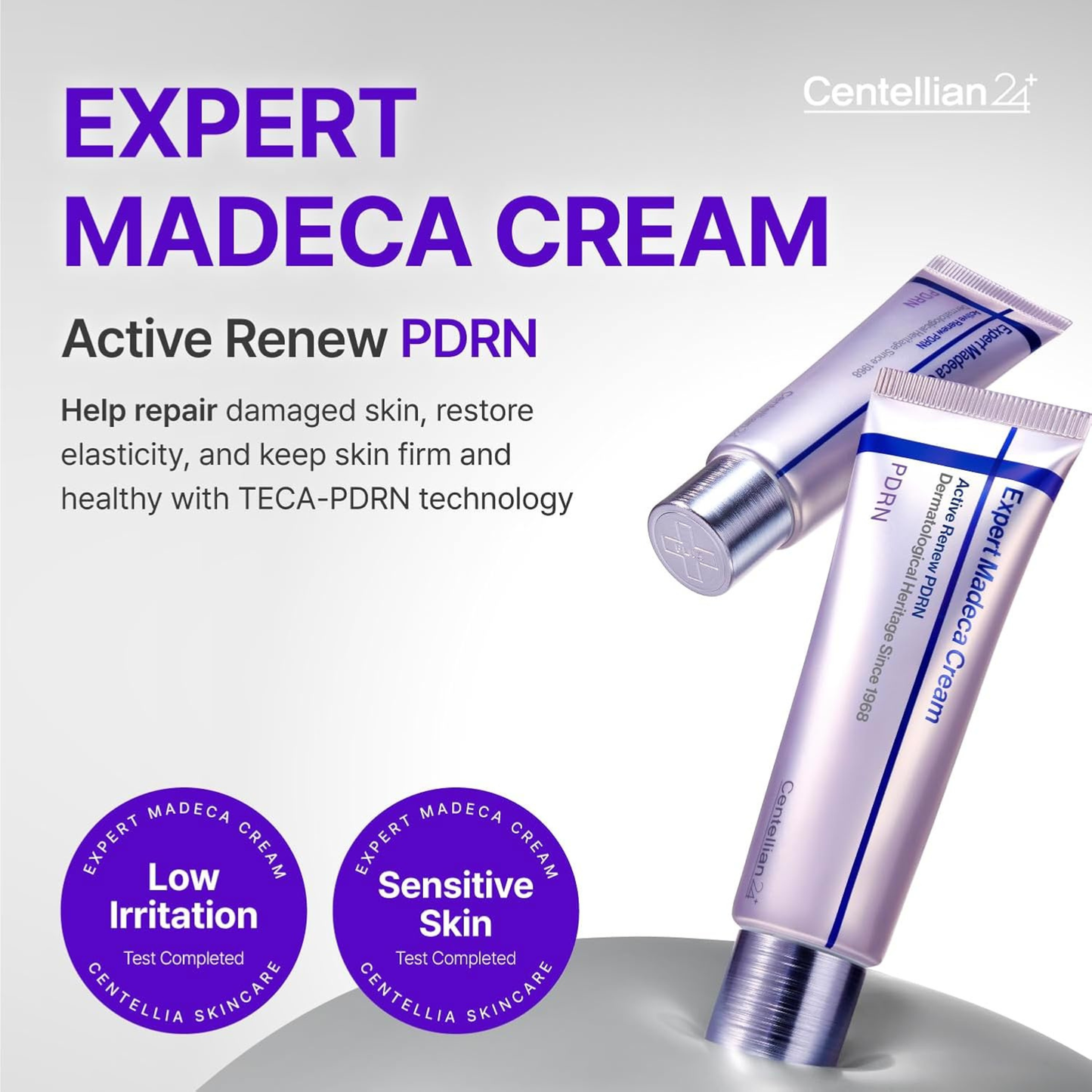 Centellian24 Expert Madeca Cream Active Renew PDRN packaging with branding and product details regarding sensitive skin, skin repair and PDRN on a light gray background