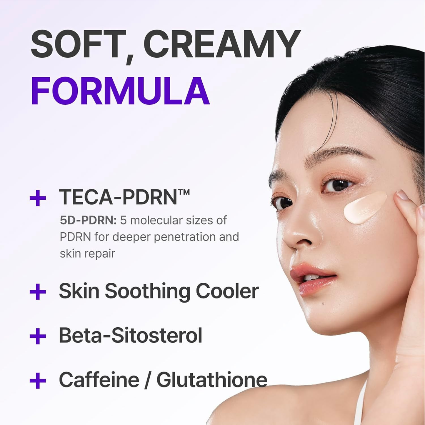 Woman applying Centellian24 Expert Madeca Cream Active Renew PDRN cream to her face, featuring text about the product's formula.