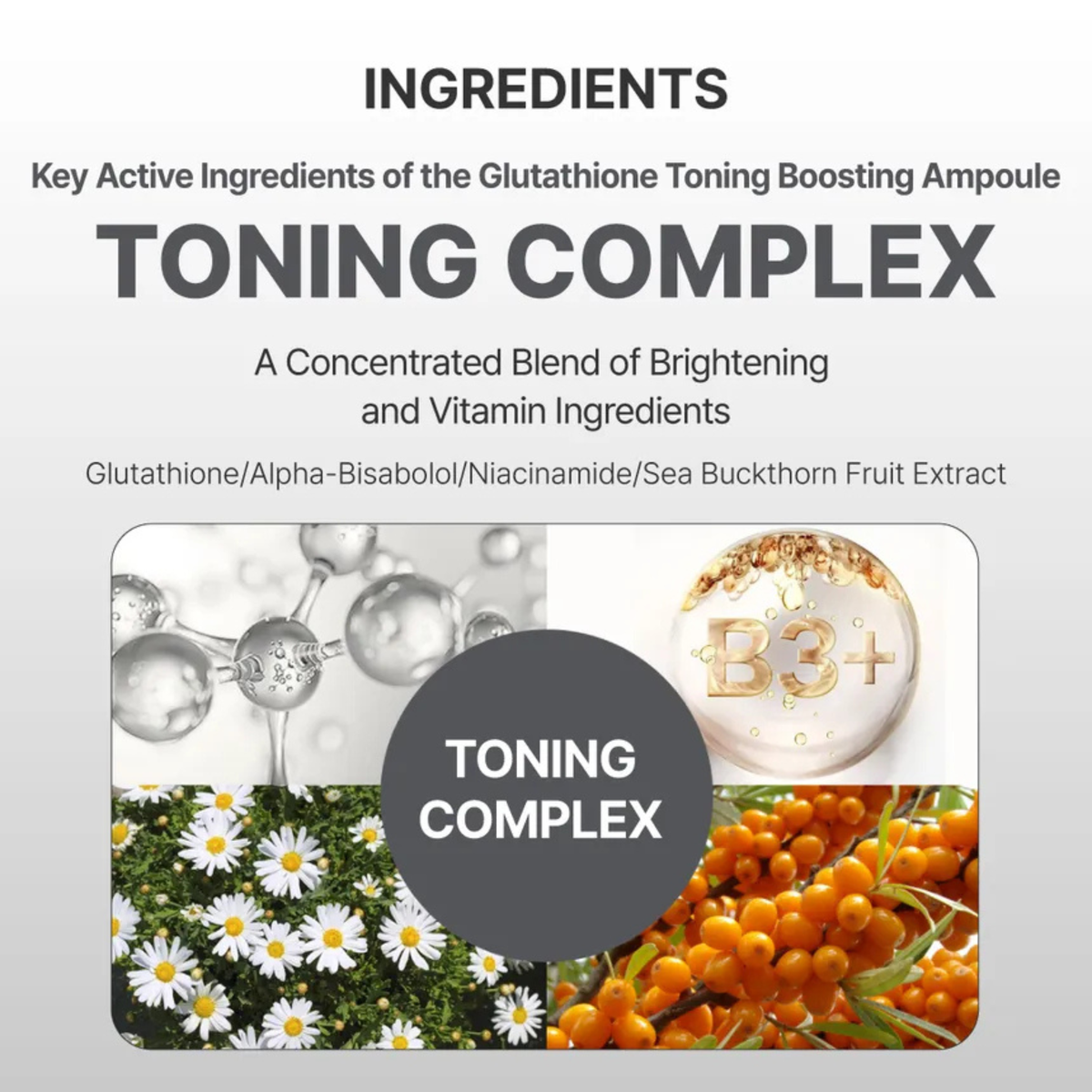 Information on the hero ingredients in the Centellian24 Glutathione Toning Boosting Ampoule with images representing the components of the Glutathione Toning Complex