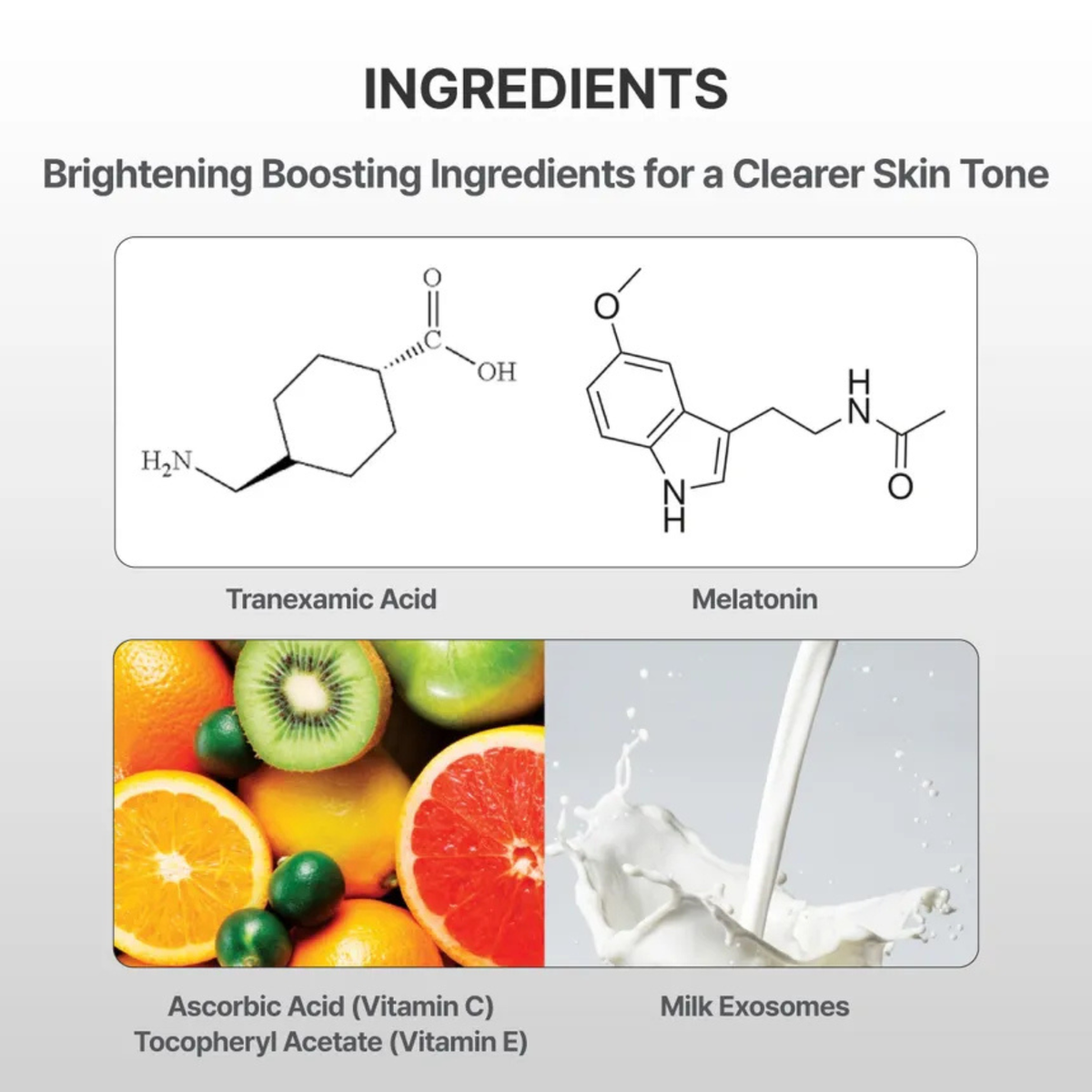 Information on ingredients in the Centellian24 Glutathione Toning Boosting Ampoule with images representing Tranexamic Acid, Melatonin, Ascorbic Acid, Tocopherol and Milk Exosomes