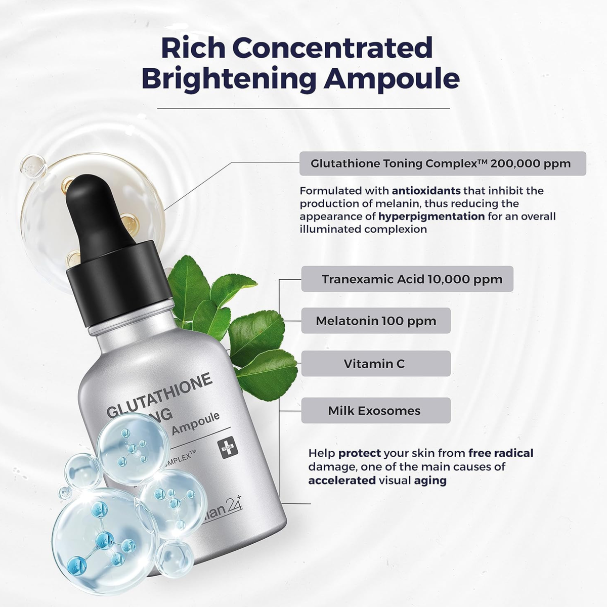 Centellian24 Glutathione Toning Boosting Ampoule with dropper and hero ingredients listed on a light grey background