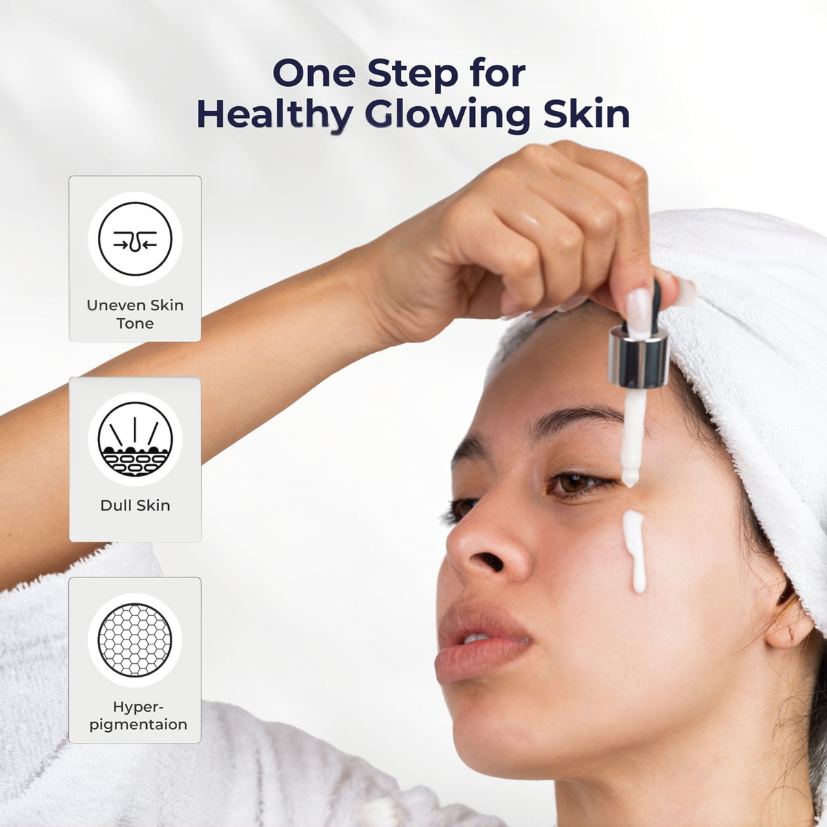 Woman applying the Centellian24 Glutathione Toning Boosting Ampoule with text 'One Step for Healthy Glowing Skin' and icons for skin issues that the ampoule addresses.