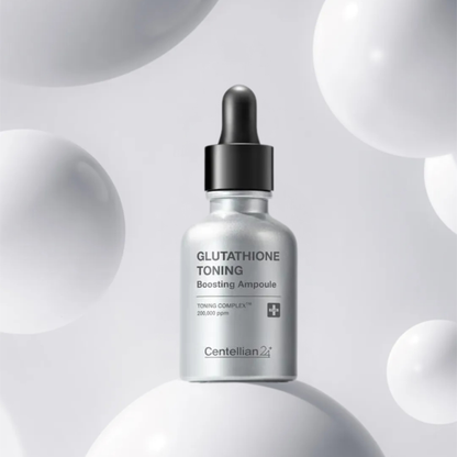 Centellian24 Glutathione Toning Boosting Ampoule surrounded by white spheres on a light grey background