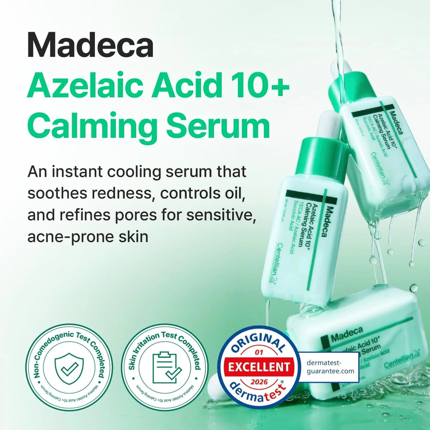 Centellian24 Madeca Azelaic Acid 10+ Calming Serum with product packaging and branding elements on a green background featuring icons stating the formulation is Non-comedogenic tested, Skin irritation testes and Derma tested.