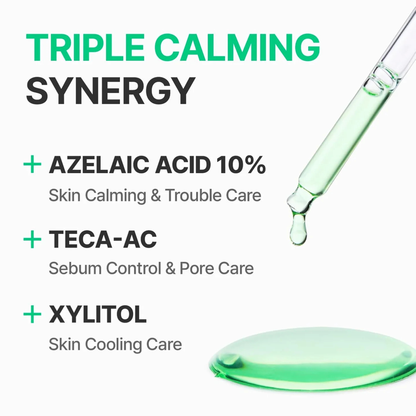 Centellian24 Madeca Azelaic Acid 10+ Calming Serum with dropper and text highlighting 'Triple Calming Synergy' with Azelaic Acid, Teca-AC, and Xylitol.