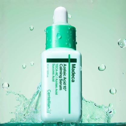 Centellian24 Madeca Azelaic Acid 10+ Calming Serum bottle with dropper on a green background.