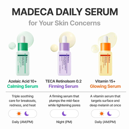 A comparison between the different serums in the Madeca Daily Serum range with descriptions and usage times  of each on a white background.