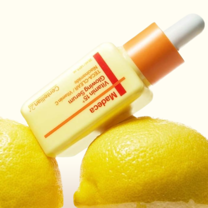 Centellian24 Madeca Vitamin 15+ Glowing Serum bottle with lemons on a white background