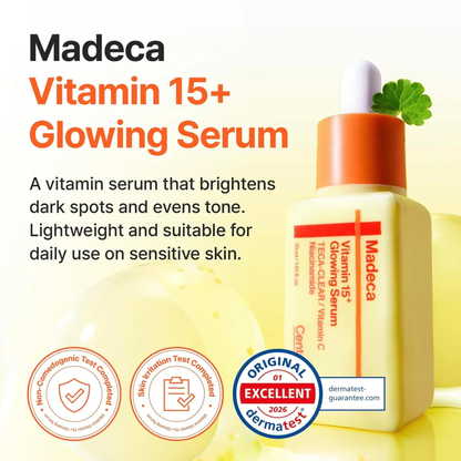 Centellian24 Madeca Vitamin 15+ Glowing Serum bottle with product description and icons for "non-comedogenic, Skin irritation test completed and Dermatest rated "excellent" on a yellow background