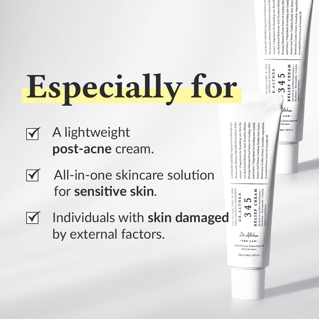 Dr. Althea 345 Relief Cream tube with text highlighting its uses on a white background