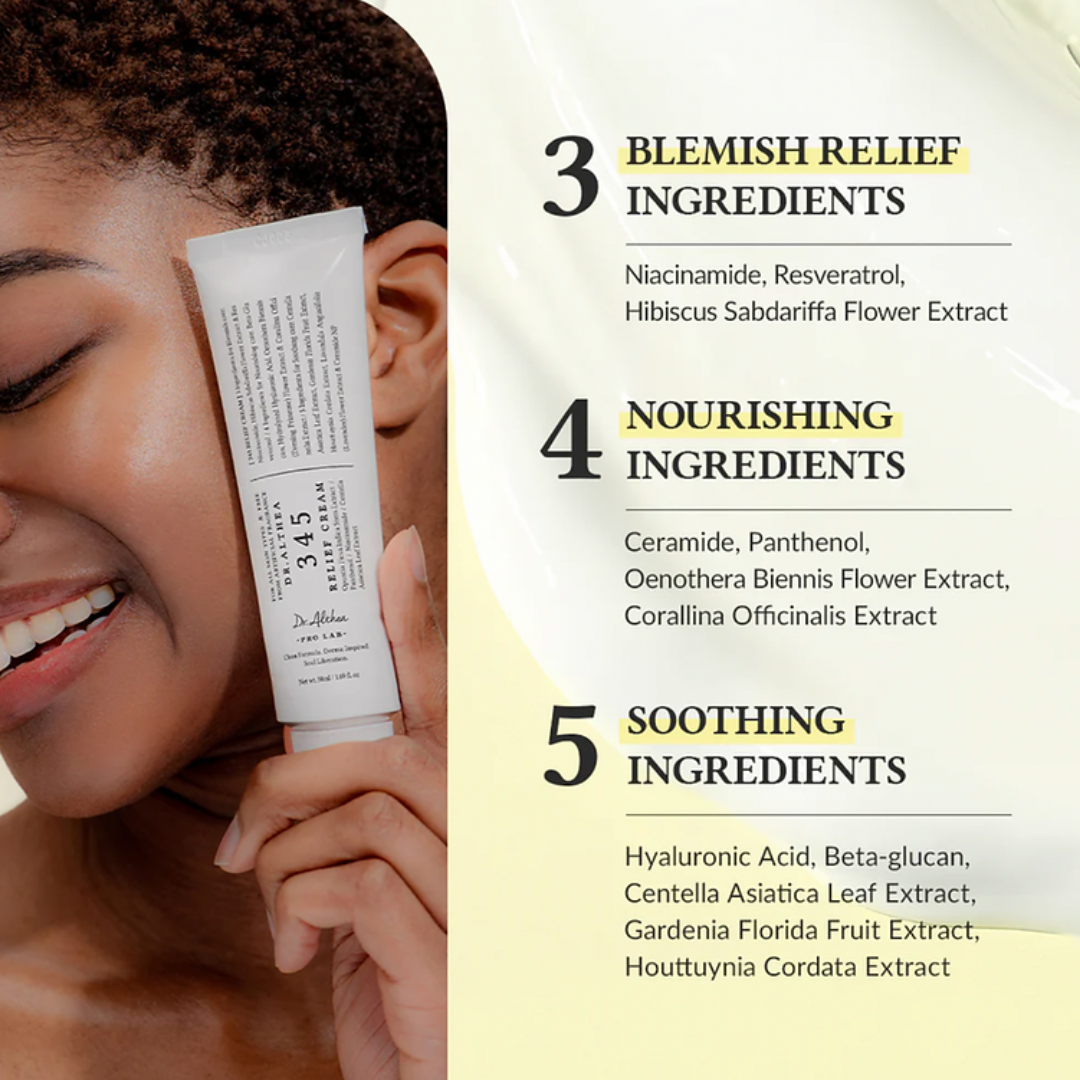 Woman holding Dr. Althea 345 Relief Cream with listed ingredients and benefits on a light yellow background