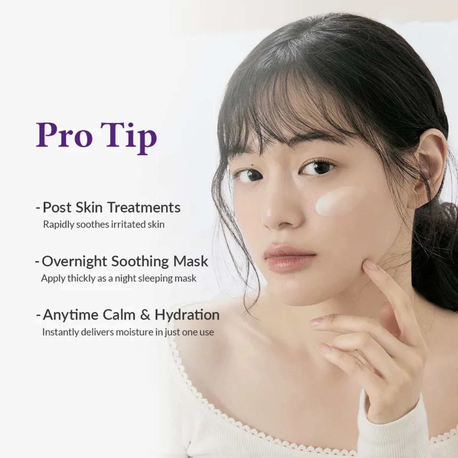Woman applying Dr. Althea Reju 5000 Cream to her cheek with text talking about pro tips
