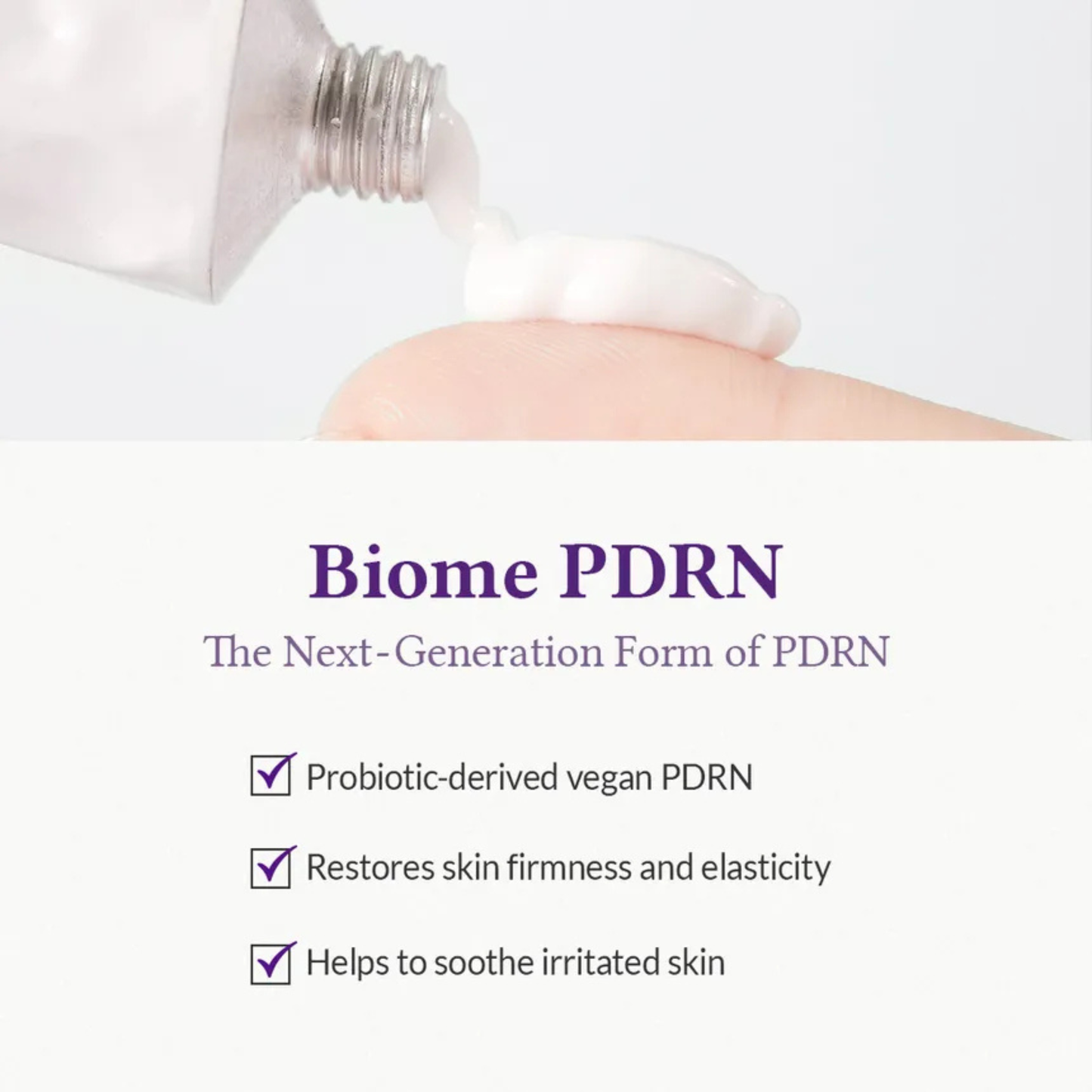 Dr. Althea Reju 5000 Cream being pressed out onto a finger tip with text on the Biome PDRN in the product as well as its benefits