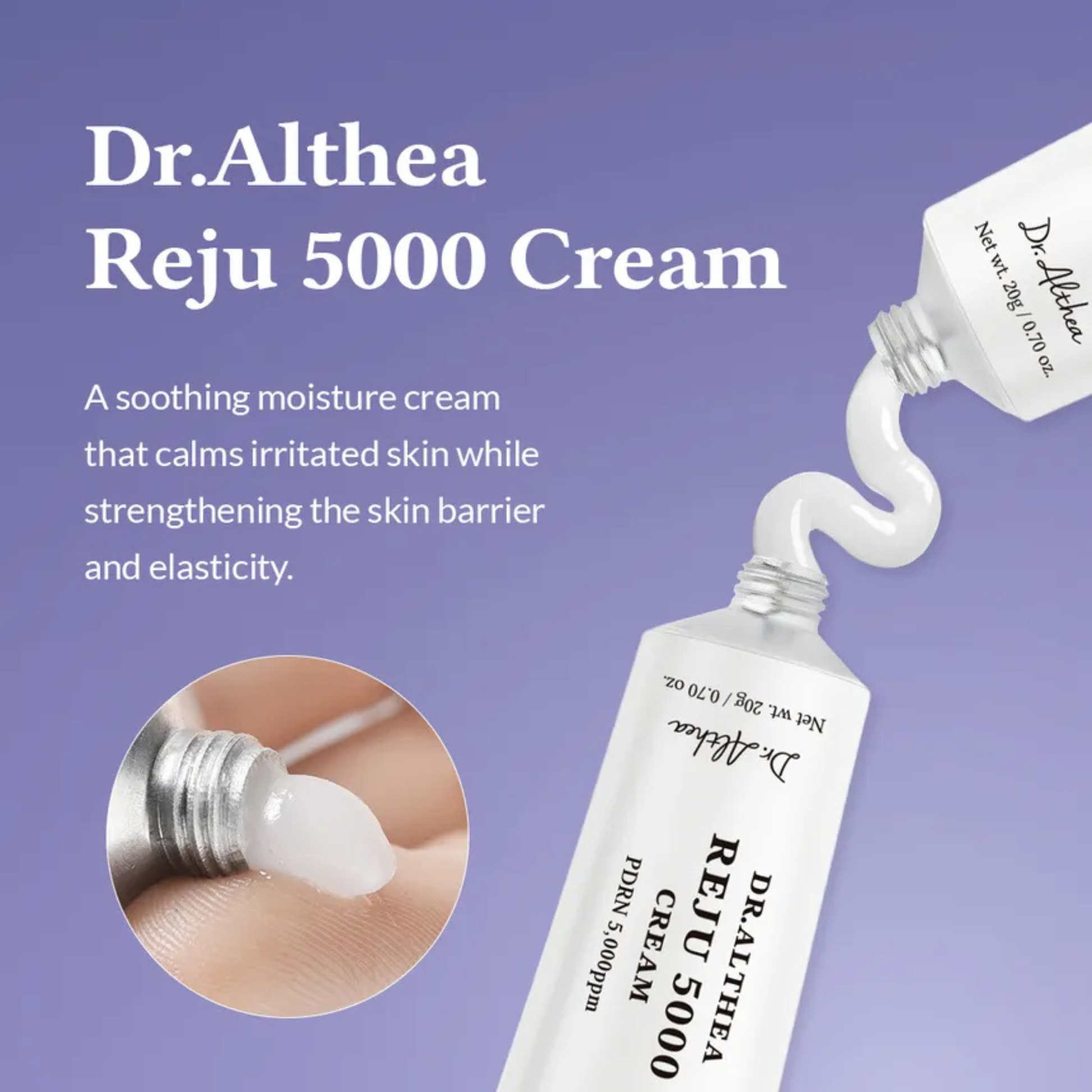 Dr. Althea Reju 5000 Cream being pressed from the tube with text on the soothing, calming and elasticity benefits of the product. The image also shows the texture of the formulation