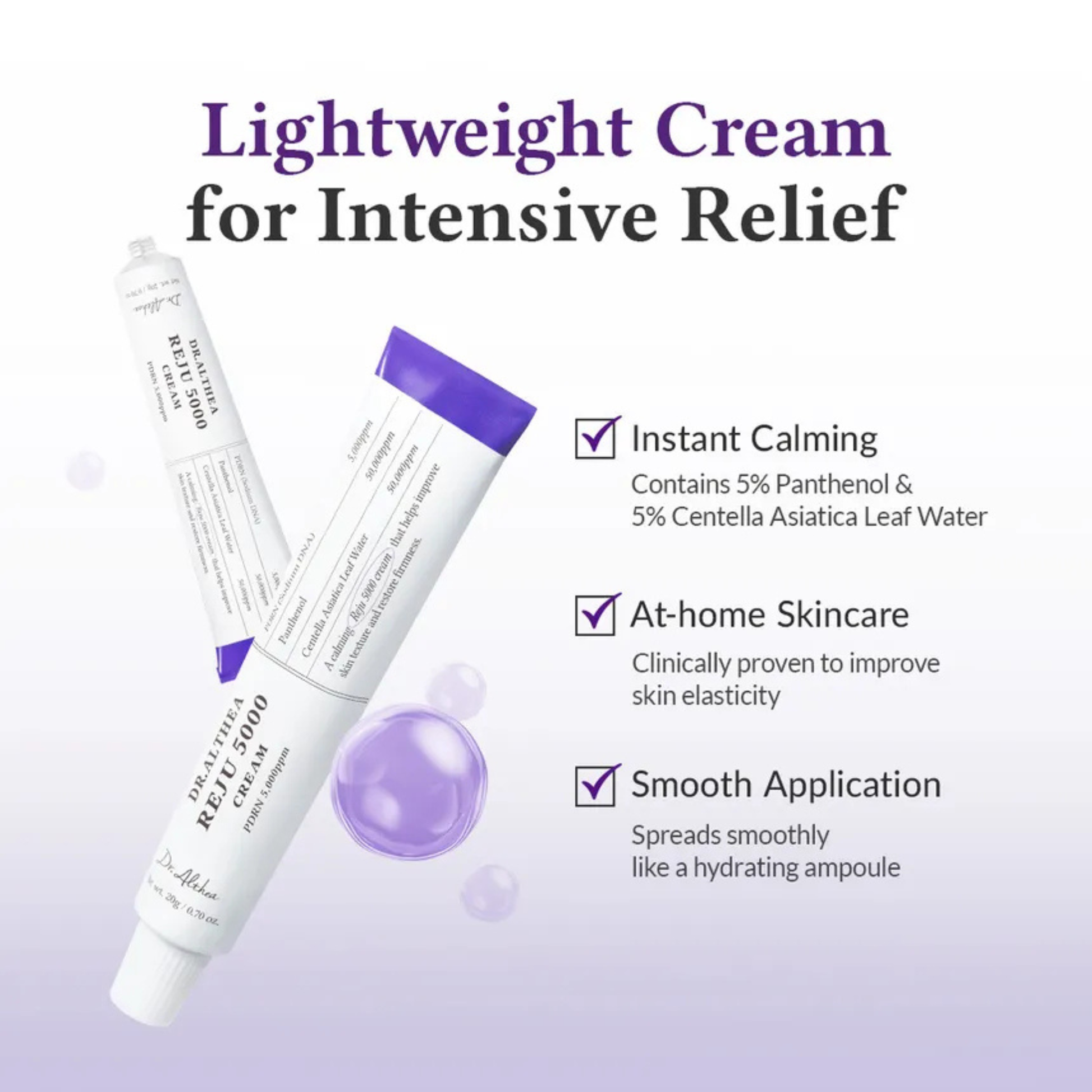 Dr. Althea Reju 5000 Cream with text on the lightweight feel and intensive relief benefits of the product 