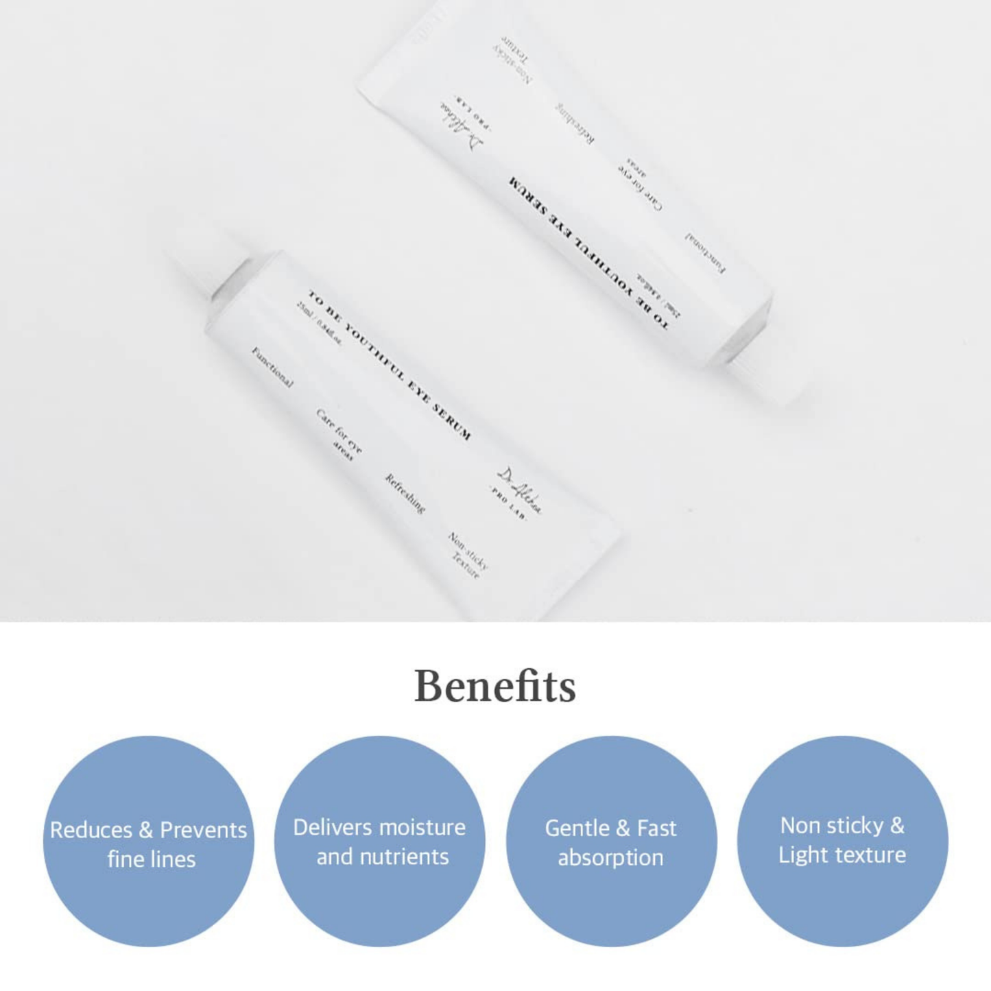Two tubes of Dr. Althea To Be Youthful Eye Serum with text on the product benefits in blue circles on a white background.