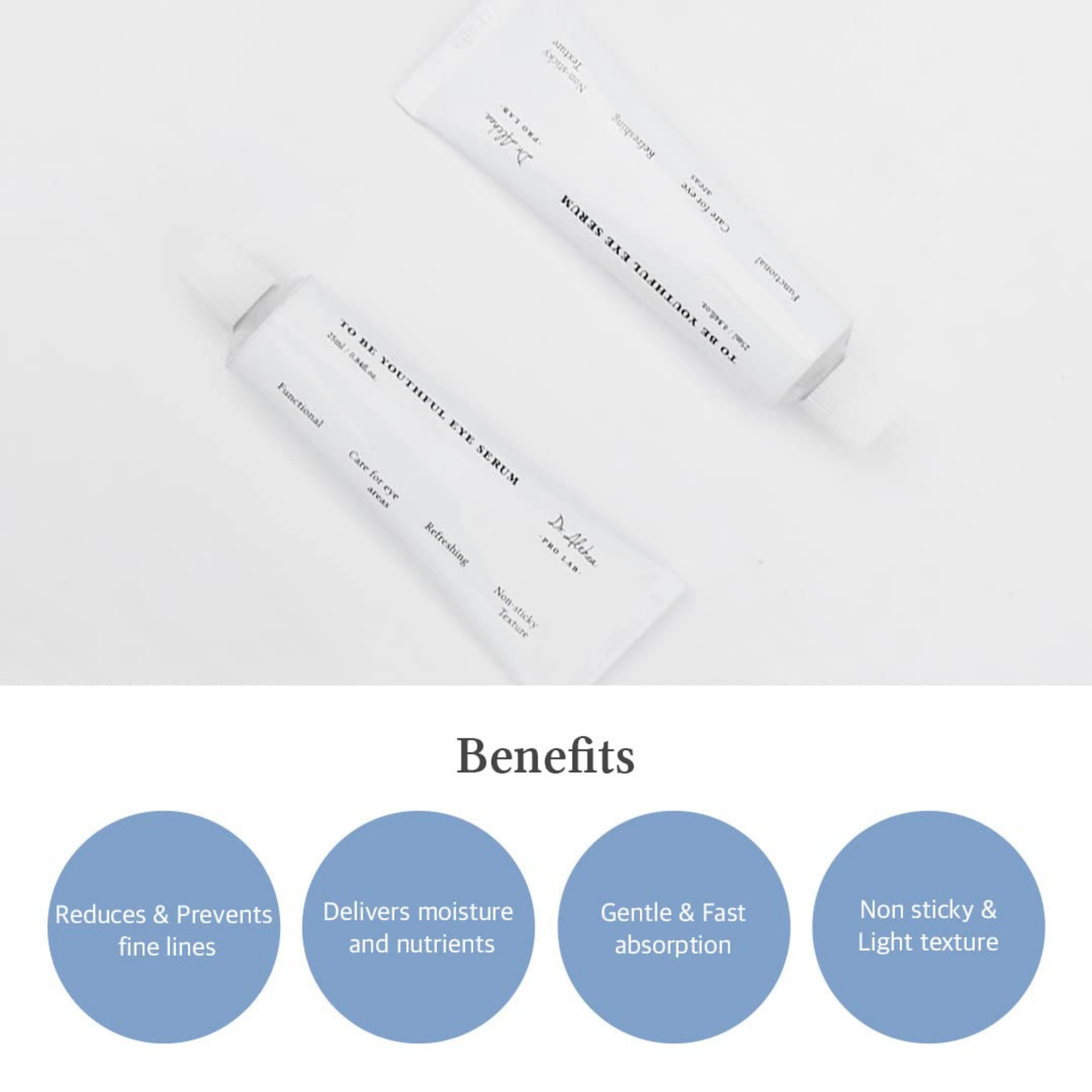 Two tubes of Dr. Althea To Be Youthful Eye Serum with text on the product benefits in blue circles on a white background.