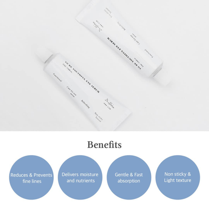 Two tubes of Dr. Althea To Be Youthful Eye Serum with text on the product benefits in blue circles on a white background.