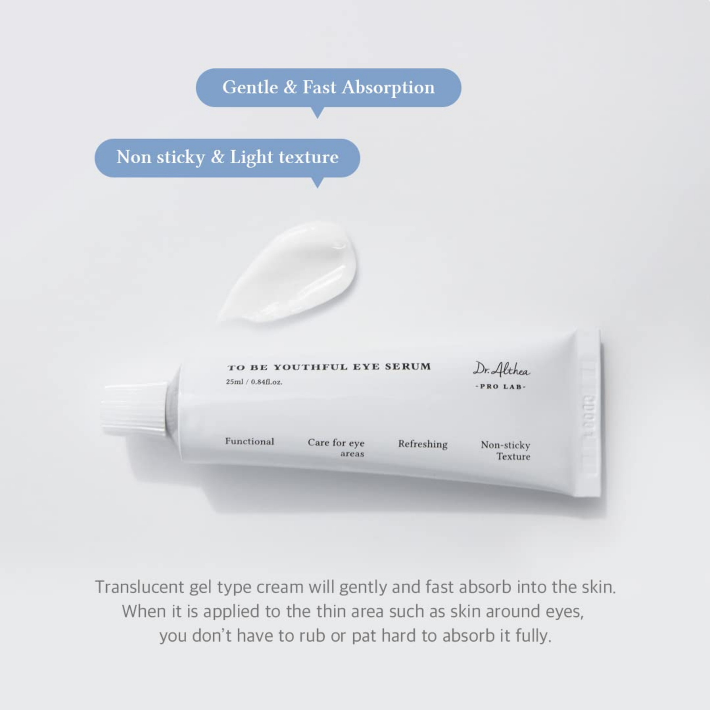 Tube of Dr. Althea To Be Youthful Eye Serum with text highlighting features on a light gray background