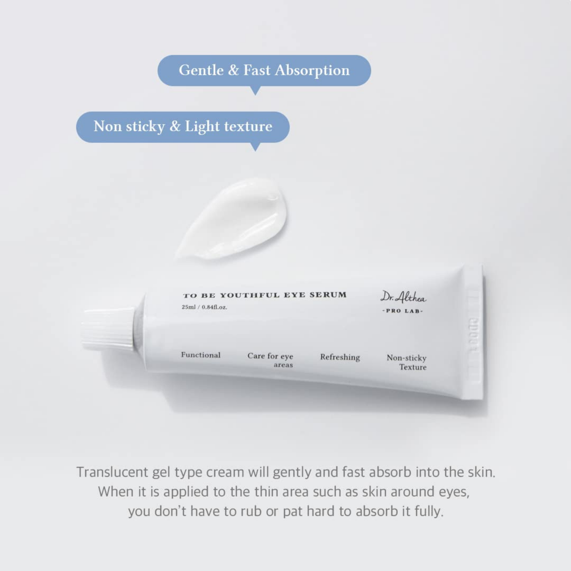 Tube of Dr. Althea To Be Youthful Eye Serum with text highlighting features on a light gray background